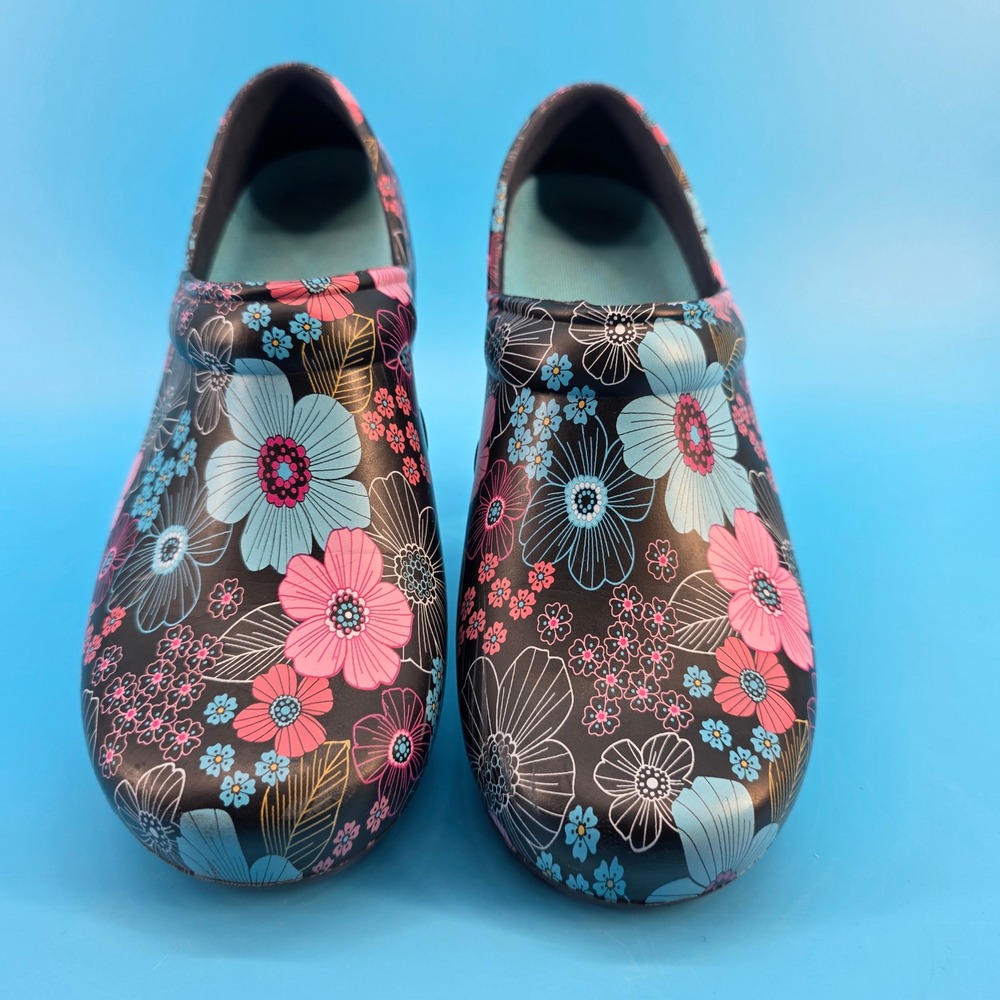 Anywear Women 10 Nursing Clogs Floral Pink Blue Slip Resistant Professional Shoe